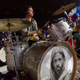 One of very, very many drums heads, decorated with a photograph of Hawkins.